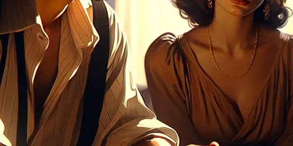 A tense, intimate moment between a man and his sister-in-law in a dimly lit living room.