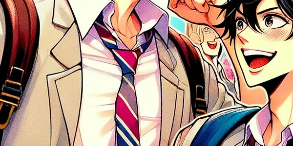 A lively high school scene with two comedic characters engaging in playful antics amidst cherry blossoms and laughing students.