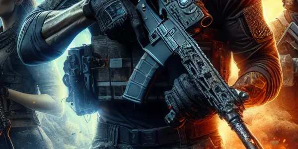 A heroic soldier leads a diverse team in a high-tech urban battlefield, showcasing action and camaraderie.