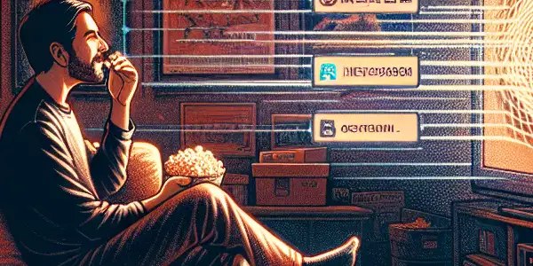 A cozy home theater with a film enthusiast enjoying a movie, complete with popcorn and ambient lighting.