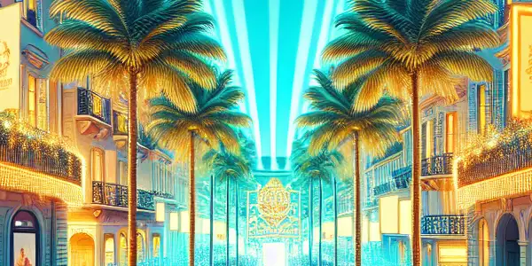 Cannes Film Festival scene with celebrities on the red carpet, palm trees, and the sparkling Mediterranean Sea.