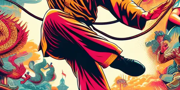 Jackie Chan performing martial arts in a vibrant cityscape, blending action, humor, and iconic film elements.