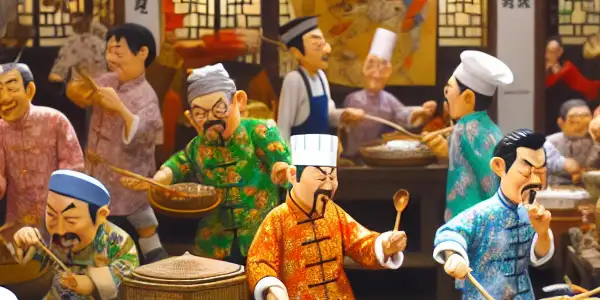 A lively Chinese kitchen scene with chefs competing humorously over extravagant dishes, highlighting traditional culture and vibrant chaos.