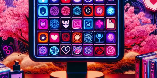 A modern workspace showcasing a computer with colorful adult-themed bookmarks, surrounded by symbols of privacy and Japanese aesthetics.