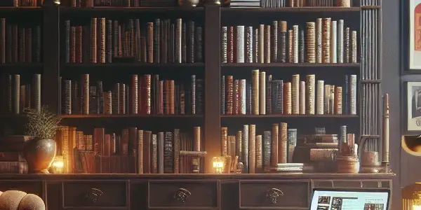 A cozy home library filled with vintage adult magazines, DVDs, and warm lighting, featuring a wooden desk and plush armchair.
