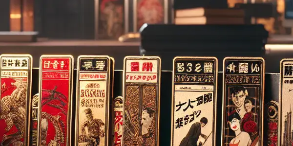 A stylish workspace featuring adult-themed bookmarks and a digital screen showcasing classic adult film thumbnails.