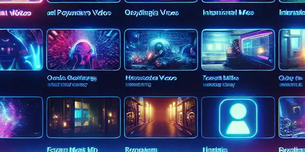 A futuristic browser interface displaying colorful thumbnails of adult videos and Japanese AV films in a sleek design.