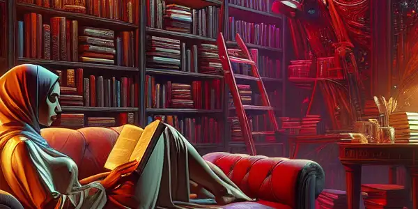 A cozy, dimly-lit room with bookshelves, a reader in an armchair, and hints of adult-themed content on a screen.